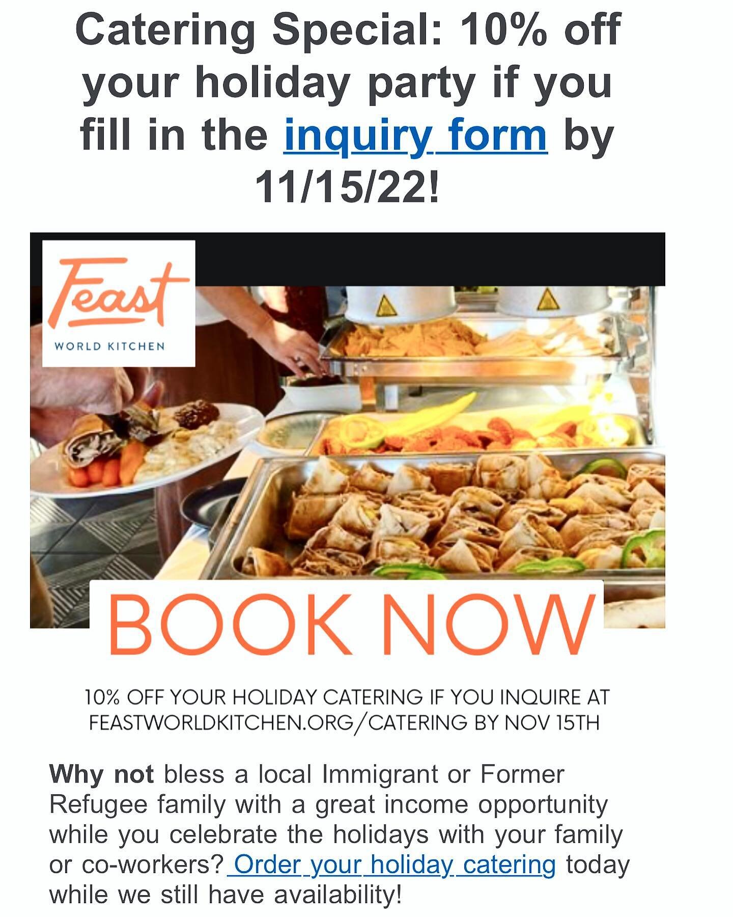2️⃣TWO more days to put in catering requests for your holidays gathering with a 10% off‼️
 
Inquiry form available in our bio⬆️⬆️

👉🏻👉🏻BOOK NOW!

#catering #feastworldkitchen #holidayseason #christmas #thanksgiving